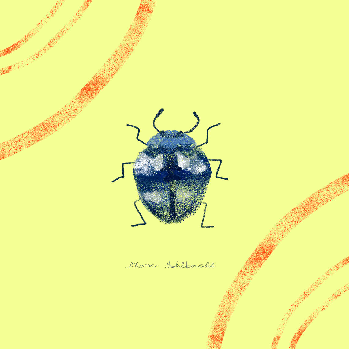 ilustração com fundo amarelo, com texturas circulares em cantos opostos da imagem em tom avermelhado. Ao centro tem um besouro azul com texturas brancas e pretas.